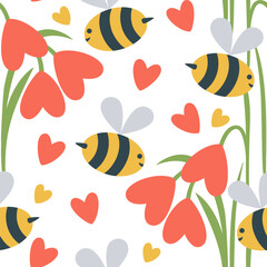 Vector seamless pattern with funny bees and heart flowers - 716433818