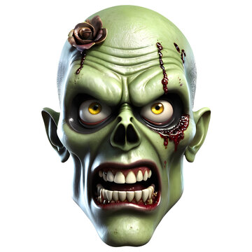 3d character Scary Zombie face, 3d rendering style in transparent background