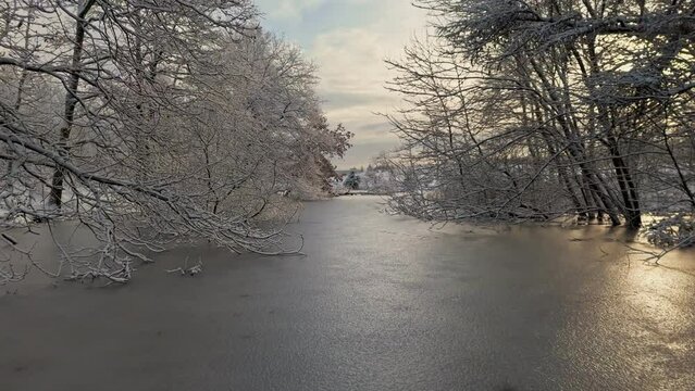 Flying through trees in winter snow landscape towards over frozen river