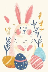 A festive card displaying a charming bunny, eggs, and vibrant flowers.