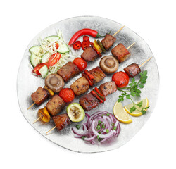 Plate of delicious shish kebabs with vegetables isolated on white, top view