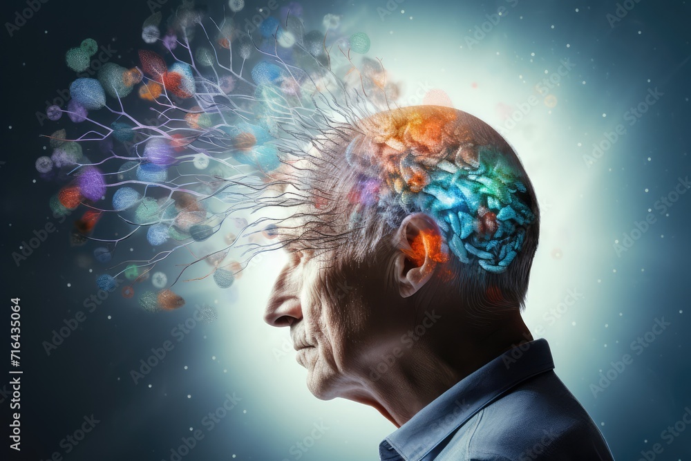Poster brain, tapestry of polychromatic neurons, artistic conceptual visual mapping. luminous thought spark
