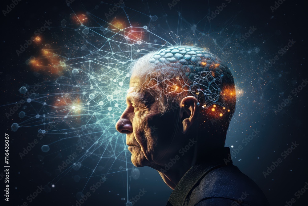 Poster brain, tapestry of polychromatic neurons, artistic conceptual visual mapping. luminous thought spark