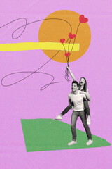 Horizontal creative artwork photo collage of smiling funky lady hold heart shaped balloons ride man...