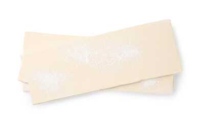 Raw puff pastry dough isolated on white, top view