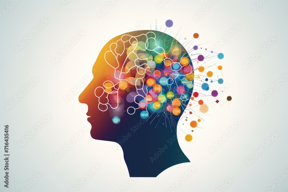 Poster brain, tapestry of polychromatic neurons, artistic conceptual visual mapping. luminous thought spark