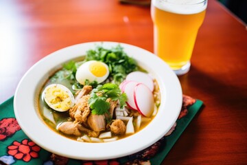 pozole served with a cold beer on the side