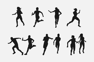 silhouette set of relay race. sport, running. vector illustration. - obrazy, fototapety, plakaty