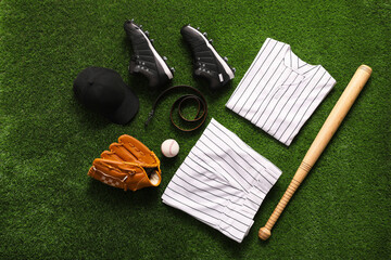 Flat lay composition with baseball equipment on artificial grass