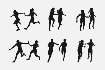 silhouette set of female relay runner. sport, race. vector illustration. - obrazy, fototapety, plakaty