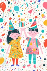 A vibrant birthday card featuring two exuberant youngsters.