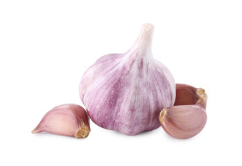 Head of fresh garlic and cloves isolated on white