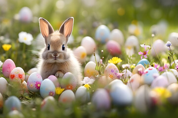 Fototapeta na wymiar An adorable little bunny sits in the grass surrounded by Easter eggs. Easter egg hunt. Easter background with cute bunny
