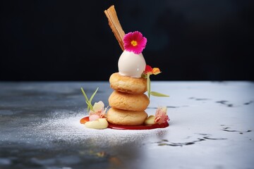 profiteroles stack with raspberry atop on slate