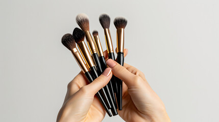 Hand model holding a a set of makeup brushes
