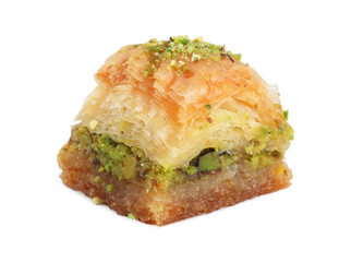 Piece of delicious fresh baklava with chopped nuts isolated on white. Eastern sweets