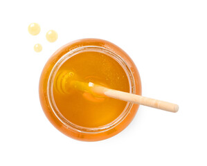 Tasty honey and dipper in glass jar isolated on white, top view