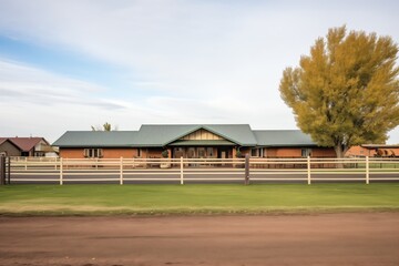 rural ranch with brick and horse stable in view - obrazy, fototapety, plakaty