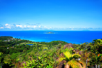Island Cousin and Island Cousine seen from Island Praslin, Republic of Seychelles, Africa.