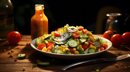 Colorful salad with lettuce tomatoes cucumbers carrots and cheese with a bottle of dressing