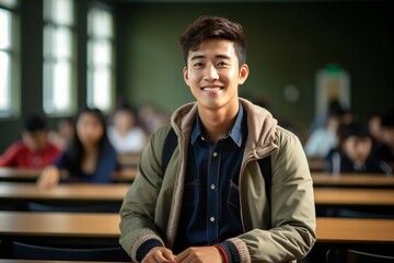 Fototapeta na wymiar Happy asian male university student attending lecture in classroom and looking at camera