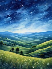 Obraz premium Twinkling Starlit Plains: Mesmerizing Art of Rolling Hills and Gentle Mounds Under a Starry Sky