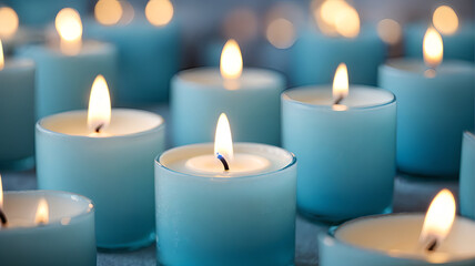 Fototapeta na wymiar Close-up view of Brilliant Blue Candles Burning Bright, Casting a Calm and Magical Aura