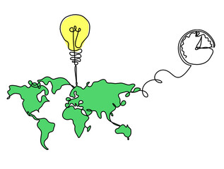 Color Map of planet Earth and light bulb with clock as line drawing on white