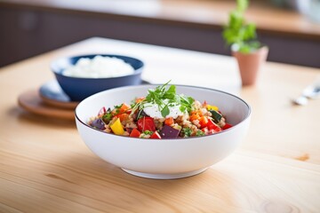 ratatouille in a bowl, topped with crumbled goat cheese - obrazy, fototapety, plakaty