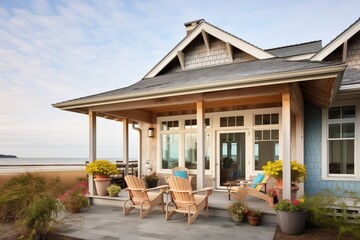 coastal cabin with woodshingle roof over porch