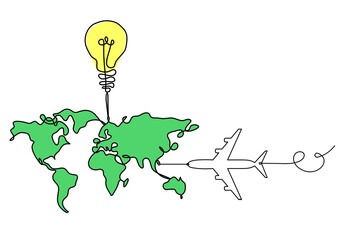 Color Map of planet Earth and light bulb with plane as line drawing on white
