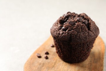 Delicious chocolate muffin on light table, closeup. Space for text