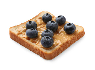 Delicious toast with peanut butter and blueberries isolated on white