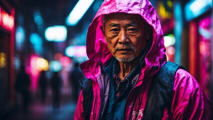 An old male man in neon outfit avant-garde futuristic design. Blurred glowing neon cyberpunk city as a background.