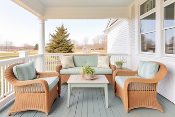 wicker furniture set on a wide veranda of shingle style house