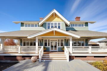 frontal view of a shingle style house with a veranda and dormer windows