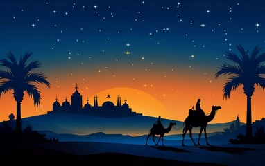 very beautiful illustration of a camel in the desert at night

