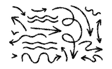 Hand drawn crayon chalk charcoal line arrows set. curvy and wavy arrows isolated on white. Group of squiggles and scribbles strokes. Elements for diagrams. doodle marker