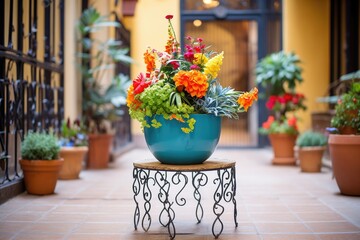 Fototapeta na wymiar wrought iron plant stand with colorful flowers in a bright courtyard