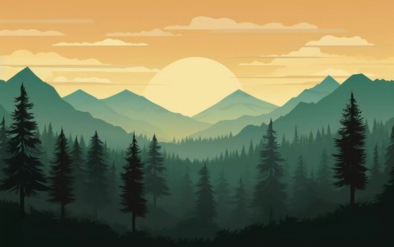 Vector illustration of very beautiful pine forest and mountain silhouettes

