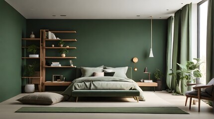 Small minimalist bedroom arrangement with a bed, a desk, a bookcase and a green wall - obrazy, fototapety, plakaty