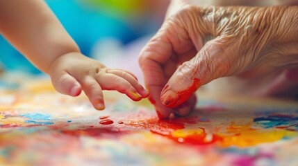 Tiny fingers trace weathered lines on a grandparent's hand, bridging the gap between ages through shared laughter and a colorful paintbrush.