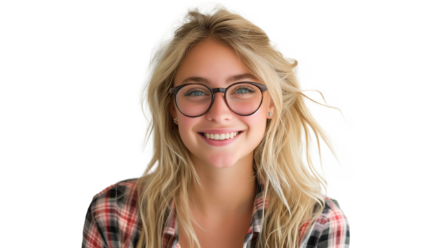 Pretty smiling joyfully female with fair hair, dressed casually, looking with satisfaction at camera, being happy, good-looking beautiful woman isolated on transparent