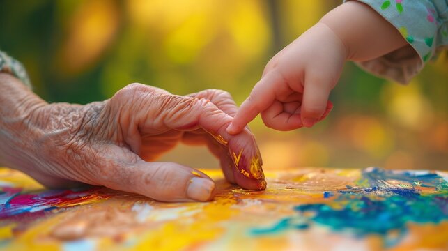 Tiny fingers trace weathered lines on a grandparent's hand, bridging the gap between ages through shared laughter and a colorful paintbrush.