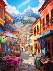 Fototapeta premium Vibrant South American Markets Wall Art: Colorful Stalls Print & Bustling Streets