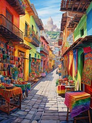 Fototapeta na wymiar Vibrant South American Markets Wall Art: Colorful Stalls Print on Bustling Streets