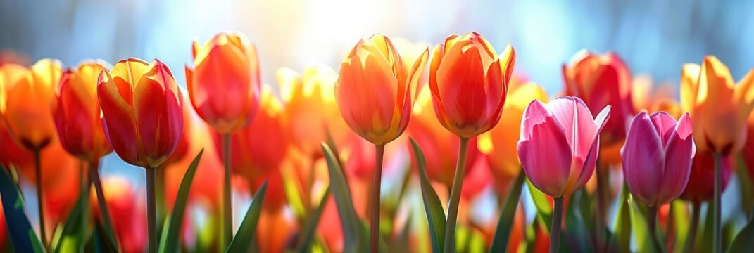  Field Colorful Tulips Red Orange Pink, Banner Image For Website, Background, Desktop Wallpaper