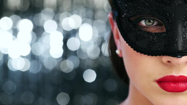 Face, party and masquerade with woman in red lipstick on blurred background for fashion or event. Portrait, beauty and elegant young person in mask at classy ball for new year celebration closeup