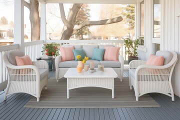 white wicker furniture set on a wraparound porch, plush pillows included