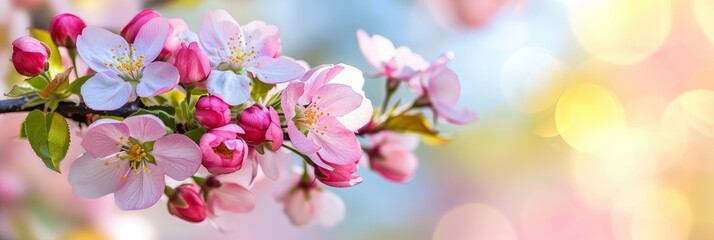 Fototapeta na wymiar Flowers Apple Tree Close Beautiful Spring, Banner Image For Website, Background, Desktop Wallpaper